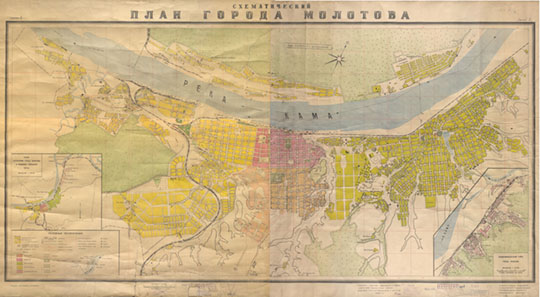 Схематический план г. Молотова 1:15К % Plan of Molotov
Схематический план города Молотова. Масштаб в 1 см. 150 метров. На 2-х листах 110x72 см.Составлен 7-й картографической фабрикой ГУГК при СНК СССР в г. Свердловске. Издание Молотовского горкомхоза.
Ключевые слова: Пермь,Молотов,карты ГУГК СССР