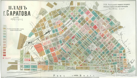 План г. Саратов  1:8K% Map of Saratov
План г. Саратова. Лист № 36. Распределение учащихся городских начальных училищ по их месту жительства (март 1907г.). Масштаб 100 сажен в дюйме.
Ключевые слова: Саратов