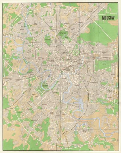 Moscow
Карта является приложением к книге Э. Двинского "Moscow and Its Environs. A Guide". Изд. Прогресс, 1981г. Внутри книги представлены карты отдельных мест Москвы с рисунками достопримечательностей Москвы. Обозначения объектов даны на английском языке.
