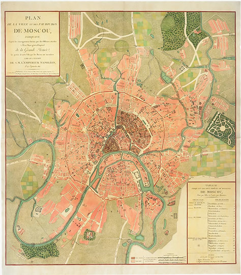 Plan de la ville de Moscou v.3 1:10K
Plan de la ville et des faubourgs de Moscou / indiquant d'apres les renseignemens fournis par les officiers attaches a l'Etat Major general de la grande Armee...; - вариант 3.  P. G. Chanlaire et Ch. Piquet. - 1:10500, Граф. м-б в саж., верстах, метрах, км и туазах. - Paris, 1812. - 1 к. (2 л.), указ. (20 назв.); 69x99 см, 49x42 см. План составлен в пределах Камер-Коллежского вала. Перевод заглавия: План города Москвы и предместий, составленный по сведениям, доставленным офицерами императорского Генерального штаба великой армии... Около таблицы примечание на фр. языке: "Кремль был минирован и разрушен только после оставления Москвы французской армией". Под заглавием приводятся сведения о составителях
Ключевые слова: французские карты