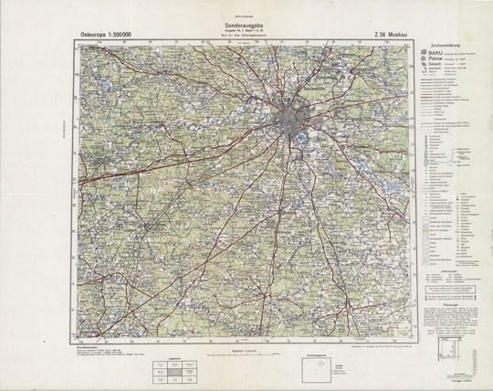 Немецкая карта Подмосковья 1:300K %German map of Moscow area
Osteuropa. Немецкая карта Восточной Европы, 1941-42 годы. Лист Z 56 Moskau. 1:300 000. Карта основана на материале карт России 1:100 000 1938-1941 годов, карты Подмосковья 1939 года, карты России издания 1941 года. Нанесена координатная сетка. Вся информация представлена на немецком языке.
Ключевые слова: Подмосковье,немецкие карты