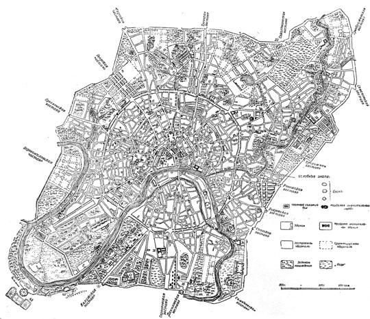 Схематический план 1830-x годов%Schematic plan from 1830s
Схематический план Москвы в первой половине XIX века. Составлен на основании планов Москвы 1819, 1830 и 1836 годов. Застройка нанесена по "Атласу Москвы", изданному А. Хотевым в 1852г. План опубликован в книге "Старая Москва" П.И. Гольденберга. М., 1947.

