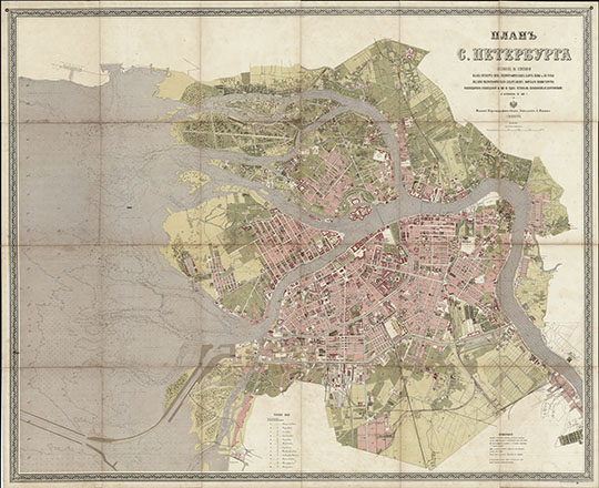 План С.Петербурга 1:12.6К %Plan of St. Petersburg
Планъ С. Петербурга составленъ на основаніи плана Шуберта 1828 г. гидрографическихъ картъ невы и ея устья издания гидрографическаго департамента морского министерства рекогносцировки произведеннной въ 1882-83 годахъ отставнымъ полковникомъ М. С. Воротниковымъ и истравленъ по 1887 г. Издание Картографического Заведения А. Ильина. С. Петербург. Масштаб - в английском дюйме 150 сажен. 120 х 135 см. 
Ключевые слова: Санкт-Петербург,Издательство Ильина