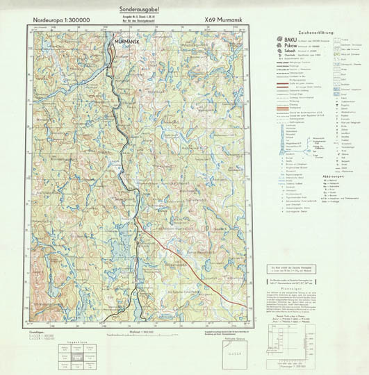 Немецкая карта окрестностей Мурманска  1:300K% German map of Murmansk vicinity
Немецкая карта окрестностей Мурманска. Nordeuropa 1:300000. Sonderausgabe. Ausgabe Nr. 2, Stand 1.III.42. X69 Murmansk.
Ключевые слова: Мурманск,немецкие карты