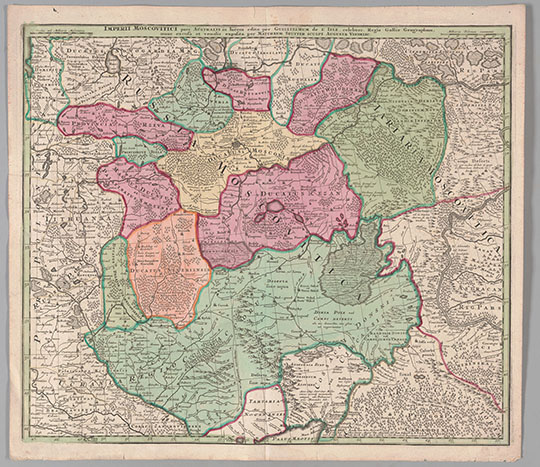 Карта Московской Империи - центр  1:2.5M% Map of European Russia - center
Карта Московской Империи. Опубликована Георгом Суэтлером по материалам Атласа России Лилля. Центральная (южная) часть. Масштаб  - около 1:2,500,000.  Mappæ Imperii Moscovitici pars Septentrionalis. 1742. Two-sheet map of European Russia and Western Siberia, published by Georg Matthaus Suetter after the "Atlas Russicus" by de L Isle.Southern map shows area from Novgorod in the north-east to the range of the "Cosaci Zaporovienses" (Zaprozhe Cossacks) in the south, the various Tatar and Circassian peoples across the south and east, and the Astrakhan region along the Volga River in the extreme east. 
Ключевые слова: Европейская Россия