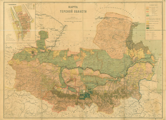 Карта Терской области  1:420K% Map of Terskaya oblast
Карта Терской области. Масштаб - в английском дюйме 10 верст. Издание Терского Областного Статистического Комитета. 1898г. На врезке - план Владикавказа. Картографическое Заведение Ильина в С. Петербурге.
Ключевые слова: Владикавказ,издательство Ильина