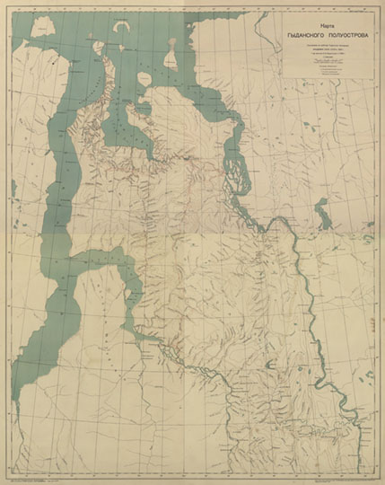 Карта Гыданского полуострова  1:1M% Map of Yamal penonsula
Карта Гыданского полуострова. Составлена по работам Гыданской экспедиции Академии Наук СССР в 1927г и др. данным И.Я.Ермиловым в 1930г. Масштаб 1;1,000,000.
Ключевые слова: Красноярск,Сибирь