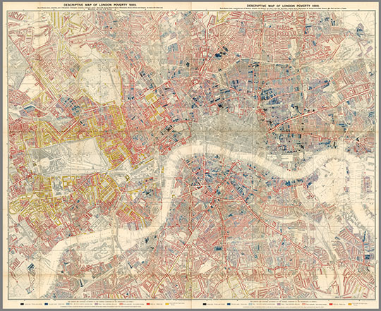 Карта бедности населения Лондона %Descriptive map of London poverty
Карта бедности населения Лондона. 92 х 119 см. 1889г. Чёрным цветом показаны самые бедные дома и криминальные районы, синим - очень бедные, голубым - бедные, красным - средний класс, жёлтым - богатые.  Descriptive map of London poverty 1889. Labour and life of the people. Appendix to volume II. Edited by Charles Booth. William and Norgate, London; Edinburgh. 1891. (on verso) London: G. Norman and Son. (with maps) Descriptive map of London poverty, 1889. (with) Map shewing degrees of poverty in London.
Ключевые слова: Лондон
