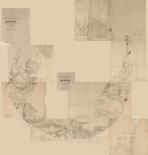 План выгонных земель города Москвы  1:8K% Plan of Moscow vicinty
План выгонных земель города Москвы от Камер-Коллежского Вала по 4-ех верстную черту от Земляного города, снятый в 1851 году. Масштаб - 100 сажен в английском дюйме. Сборная карта, склеенная из отдельных листов.
