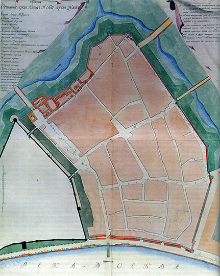 План Китай-города  1:3K% Plan of Kitay-gorod
План Китай-города с изображением остатков рва вдоль восточного участка кремлёвской стены. Масштаб - 40 сажен в дюйме. Начало 19 в. РГИА.
Ключевые слова: Красная площадь