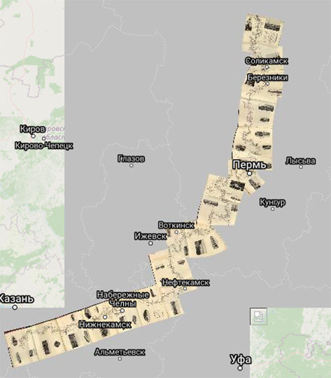 Иллюстрированная карта реки Камы 1:168К % Illustrated map of Kama
Иллюстрированная карта реки Камы. Масштаб - 4 версты в дюйме. Из кн.: Иллюстрированный путеводитель по реке Каме и по р. Вишере с Колвой, 1911г.  Карта составлена по данным Пермского губернского межевого архива, губернских и уездных карт Пермского, Вятского, Уфимского и Казанского земств, судоходных карт Статистического отдела Министерства Путей Сообщения, практической карты командира пароходства Любимова, преподавателя Рыбинского речного училища Д.А. Богданова и другим, в Пермской губернской чертежной, по указаниям и под руководством губернского землемера И.И. Ткаля, и при участии И.Я. Кривощекова.
Ключевые слова: Пермь,Кама,Татарстан