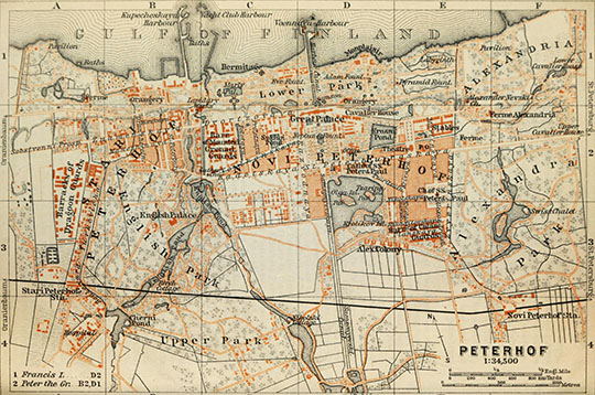 План Петергофа  1:34K% Plan of Peterhof
План Петергофа. Масштаб 1:34,500. Из кн.:Russia, with Teheran, Port Arthur, and Peking; handbook for travellers, 1914 (1910s) Leipzig, K. Baedeker
Ключевые слова: Петергоф,немецкие карты