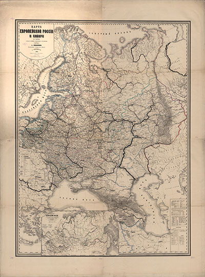 Карта Европейской России и Сибири  1:3M% Map of European Russia and Siberia
Карта Европейской России и Сибири на 4 листах. Составлена по новейшим статистическим и географическим сведениям А. Шевелевым, Полковником Генерального Штаба. С. Петербург, 1868г. Масштаб 1:3,000,000.
Ключевые слова: Европейская Россия
