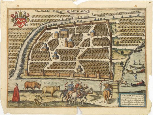 План Герберштейна v.3%Gerberstein Plan v.3
BRAUN, G. / HOGENBERG, F. Moscauw : Moscovia, Urbs. Regionis ciusde nominis metropolitica, duplo maior, qua Praga Boiemiae, lignea aeduficia habet, multas plateas, fed dispersas, latifsimi campi interiacent : Mosca amnis, ipsam irrigat. 35.0 x 49.0 см. Cologne, 1580. Является копией первого плана Герберштейна 1556 года. Составлен на латыни в произвольном масштабе. Перевод заглавия: "Москва, столичный город страны того же имени, вдвое больший, чем Прага в Богемии...". На обороте листа помещен объяснительный текст.
Ключевые слова: план Герберштейна