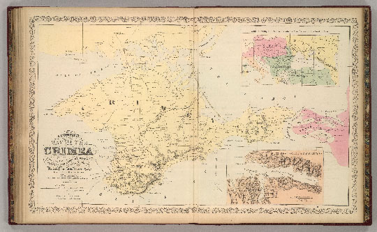 Полная карта Крыма 1:665К %A Complete Map of the Crimea
Полная карта Крыма с показанием военных и проселочных дорог. Масштаб 1:665,000. 41 х 68 см. Филадельфия, 1859г. A Complete Map of the Crimea Showing the Military and Carriage Roads with Distances from Various Points of the Western Coast From English & Russian Surveys. Philadelphia. Published by Charles Desilver, 251 Market St. Herline & Co. Lith., 7th & Chesnut Sts., Philadelphia. Entered according to Act of Congress in the year 1856 by Charles Desilver in the Clerk office if the District Court of the Eastern District of Pennsylvania. 
Ключевые слова: Крым,американские карты