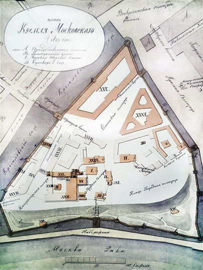 План Кремля Московского  1:4K% Plan of Moscow Kremlin
План Кремля Московского 1851 года. Масштаб 50 сажен в английском дюйме. Из кн.: В. А. Бакарев «Сказка о Кремле Московском и его достопамятностях».
