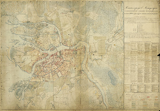 План города С. Петербурга % Plan of St.Petersburg
План города С. Петербурга, составленный на основании топографической съемки 1828 года и дополнительных сведений.  Действительный статский советник А.Л. Майер. Кондуктор 1-го класса Сокольский 1-й.
Ключевые слова: Санкт-Петербург