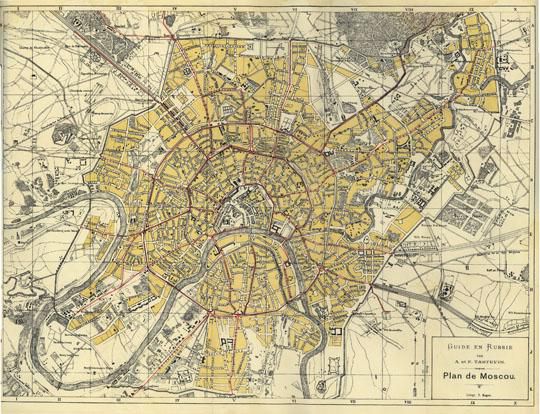 Plan de Moscou
Карта из книги "Guide du voyageur a Moscou" par A. et F. Tatsevin, 2-e edition, revue et corrigee. Moscou. Imprimerie Th. Hagen, 1897. 490x385 mm. Обозначения объектов и текст - на французском языке.
