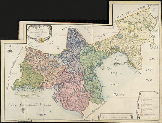 Карта Выборгской губернии 1:2.52М %Map of Vyborg Gubernia
Карта Выборгской губернии. 1803 г. Масштаб -  60 вёрст в дюйме. Из кн.: Атлас Финляндской губернии с уездами и городами и планами всем публичным строениям 1803 года., 22 стр., 
Ключевые слова: Выборг,Ладожское озеро