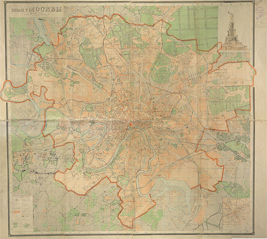 План г. Москвы 1:35K v.2 %Map of Moscow v.2
План г. Москвы: изм. и доп. - по сост. на 25 марта 1940 г. Вариант 2. / Сост. и изд. геодез. конторой упр-ия планировки г. Москвы в 1940 г.; Отв. ред. Н. В. Алферова. - Изд. 2-е. - 1:35000. - М., 1940 (Полигр. комб. им. В. М. Молотова ГУГК при СНК СССР). - 1 к.: цв., 2 доп. карты, ил.; 77x84 см + Указ. (65 с. (ок. 3900 назв.)); 13x10 см. - Печать двусторонняя. Доп. карты: Схема метро; Схема транспорта Москвы (на обороте л.) План дан в границах 1-го Генерального плана Москвы. В указателе, кроме улиц Москвы, помещены список улиц подмосковных городов, а также станции метро, театры, музеи, стадионы, гостиницы, станции речного трамвая, остановки всех видов городского транспорта, парки, сады. 
