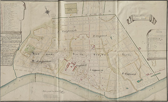 План Губернского города Калуги  1:4K% plan of Kaluga
План Губернского города Калуги с показанием и описанием кварталов, частей, мест, церковных зданий и зданий государственных учреждений. Масштаб - 50 саженей в 1 десятой фута. 154 x 93 см. Утвержден Калужским гражданским губернатором 11 ноября 1817 г. 
Ключевые слова: Калуга