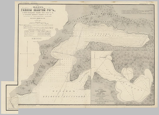 План гавани Золотой Рог 1:8,400 %Golden Horn Harbor Plan
План гавани Золотой Рог, с описей, произведенных офицерами корвета Гридень в 1861 и экспедициею лейтенанта Онацевича в 1875 году. Составлен в Гидрографическом Департаменте Морского Министерства в 1877 году. Масштаб 100 сажен в дюйме. 70 x 94 см. 
Ключевые слова: Владивосток