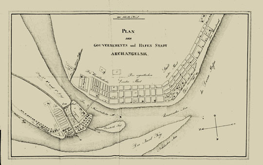 План Архангельска % Plan of Arkhangelsk
План Архангельска. Из кн.: Rudolph Richter. Versuch einer medicinischen Topographie der Gouvernements- und Hafenstadt Archangelsk (Исследлвание топографии города и порта Архангельска и губернии) : Inaug.-Abh., 1828
Ключевые слова: Архангельск,немецкие карты