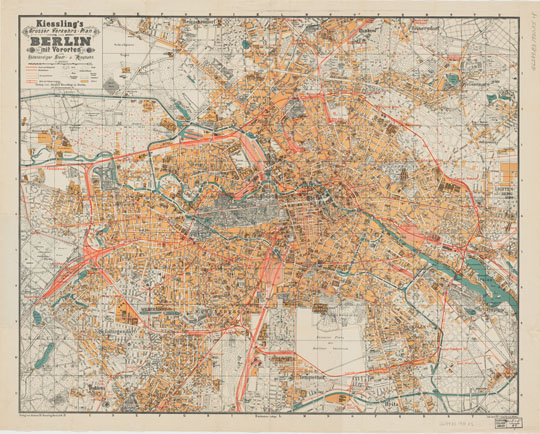 План Берлина с предместьями 1:20K%Map of Berlin with suburbs
План Берлина с предместьями. Kiessling's grosser plan von Berlin :  mit Voroten und Vollstandiger Stadt - u. Ringbahn. Масштаб 1:20,000. Verlag von Alexius Kiessling. 1 map : col. ; 66 x 83 cm. + 1 accompanying index (20 cm.; 32 p.)
Ключевые слова: Берлин,немецкие карты