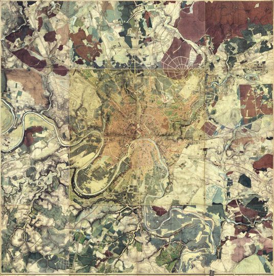 Топографический план Москвы 1:8K%Topographical plan of Moscow
План инструментальной топографической съемки города Москвы и ее окрестностей 1838 г. Сборный план, состоящий из 16 листов размерами примерно 69 х 72 см. Масштаб 1:8400,  100 саженей в английском дюйме. Съемка выполнена в апреле-июне 1838 года, рекогносцировка выполнена в 1852-1853 годах. План снабжен "Описанием столичного города Москвы", текст которого представлен на форуме.
Ключевые слова: топографические карты