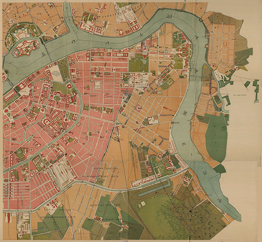 Юго-восток Санкт-Петербурга %South-east part of St. Petersburg
План города Санкт-Петербурга с показанием урегулирования улиц, назначенного по плану, утвержденному 7 марта 1880 г. и происшедших с того времени до 1 января 1908 г. изменений в урегулировании и наименовании улиц, площадей, набережных, мостов и пр., последовавших по особым утвержденным планам". Составлен в 1907 году и отпечатан в 1908 в картографическом заведении А. Ильина. Состоял из 18 цветных листов с размерами 68.5x92 см. На сайте представлены листы 9, 10, 13, 14, 17 и 18.
Ключевые слова: Санкт-Петербург,издательство Ильина