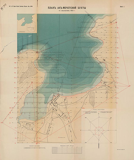 План Ак-Мечетской бухты 1:4200 % Plan of Ak-Mechet bay
План Ак-Мечетской бухты по изысканиям 1900 г. Современное название - Черноморское. Масштаб - 50 сажен в дюйме. Из сб.: Результаты изысканий, произведенных на Крымском побережье Черного моря. Атлас чертежей. 1911 год.
Ключевые слова: Крым