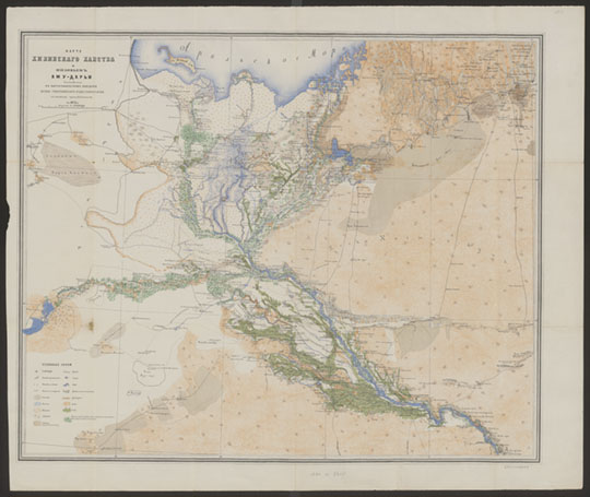 Карта Хивинского Ханства  1:550К % Map of Khiva Khan region
Карта Хивинского Ханства и низовьев Аму-Дарьи. Составлена в Картографическом Заведении Военно-Топографического Отдела Главного Штаба по съемкам, проведенным в 1873 году. Масштаб 1:550,000.
Ключевые слова: Ташкент