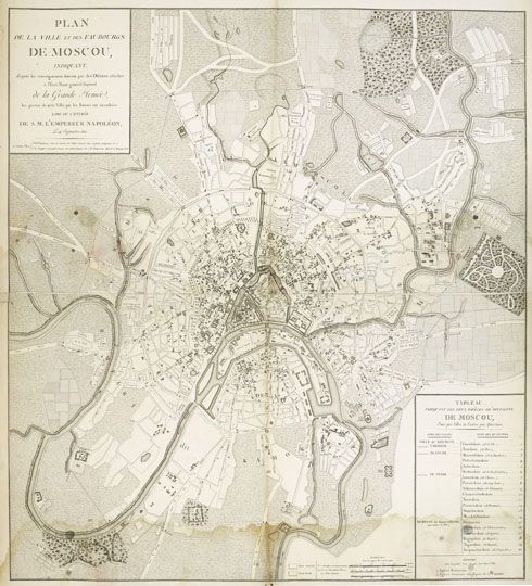 Plan de la ville de Moscou v.1 1:10K
Plan de la ville et des faubourgs de Moscou / indiquant d'apres les renseignemens fournis par les officiers attaches a l'Etat Major general de la grande Armee...; P. G. Chanlaire et Ch. Piquet. - 1:10500, Граф. м-б в саж., верстах, метрах, км и туазах. - Paris, 1812. - 1 к. (2 л.), указ. (20 назв.); 69x99 см, 49x42 см. План составлен в пределах Камер-Коллежского вала. Перевод заглавия: План города Москвы и предместий, составленный по сведениям, доставленным офицерами императорского Генерального штаба великой армии... 
Ключевые слова: французские карты,Война 1812 года