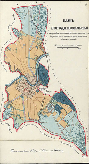 План города Подольска  1:21K% Plan of Podolsk
План города Подольска с принадлежащими ему выгонными землями и с показанием существующих оброчных статей. Составлен в 1873 году. Масштаб 1:21000. Из кн.: Планы на уездные города и посады Московской губернии. Составил Надворный советник Тодт. 
Ключевые слова: Подмосковье,Подольск