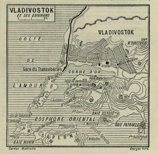 Французский план окрестностей Владивостока  1:50K% Vladivostok et ses envorons
Французский план окрестностей Владивостока -  Vladivostok et ses environs. Из кн.: Madrolle's Guide Books: Northern China, The Valley of the Blue River, Korea. Hachette & Company, 1912. Georges Hure. Масштаб 500 м в 1 см.
Ключевые слова: Владивосток,французские карты
