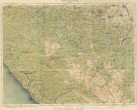 Карта окрестностей Сочи  1:21K% Map of Sochi vicinity
Карта окрестностей Сочи. Управление военных топографов. Северо-Кавказский край. Лист B-4 (Сочи). Масштаб 1:21000.
Ключевые слова: Сочи