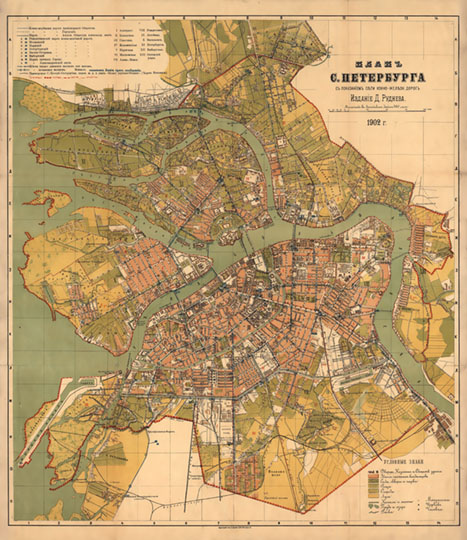 План города Санкт-Петербурга % Plan of Sankt-Petersburg
План города Санкт-Петербурга с показанием сети конно-железных дорог, границ частей участков полицейских, мировых и названий улиц по алфавиту. Издано Д.М. Рудневым. 51х62 см. Масштаб - 300 саженей в дюйме.
Ключевые слова: Санкт-Петербург