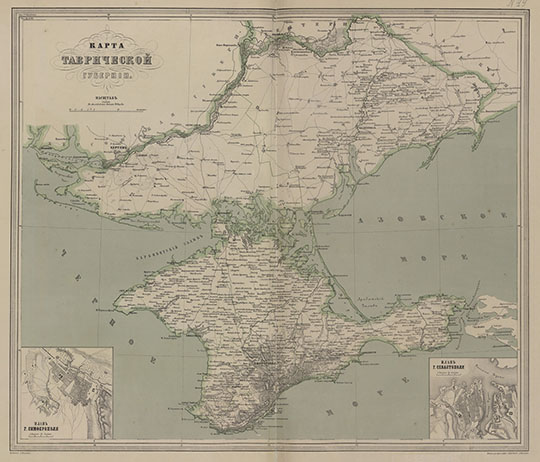 Таврическая губерния в Атласе Ильина  1:840K% Tavricheskaya Gubernia by Ilyin
Карта Таврической губернии. Масштаб 1:840,000. На врезке - планы г. Симферополя и Севастополя. В кн.:  Подробный атлас Российской империи с планами главных городов. Издание картографического заведения А. Ильина. СПб, 1871, 6 с., 70 л. карт.
Ключевые слова: Симферополь,Крым,атласы,издательство Ильина,атлас 1871