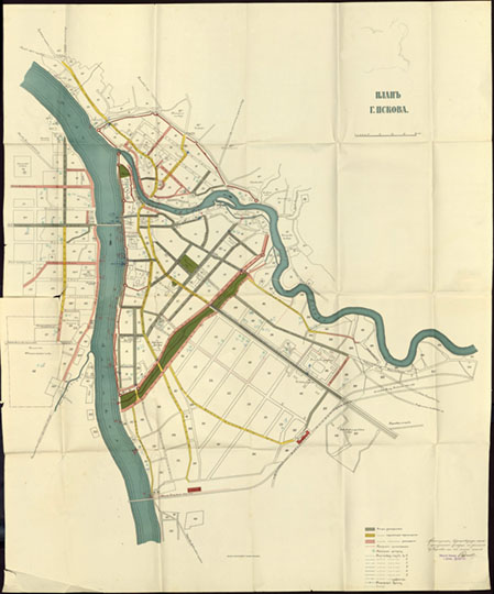 План г. Пскова 1:4.2K % Plan of Pskov
План г. Пскова. Масштаб - 50 сажен в дюйме. Издание 1916 года. Хромо-литография Псковского Губернского Земства.
Ключевые слова: Псков