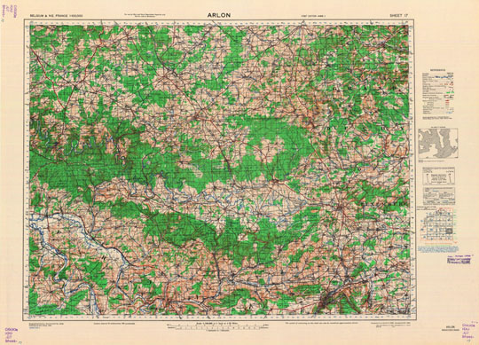 Карта окрестностей Арлона (Бельгия) 1:100K%Map of Arlon vicinity (Belgium)
Американская военная карта окрестностей Арлона (Бельгия). Belgium & N.E.France. Arlon. Sheet 17.  N4930-E500/30x60. Published by War Office, 1943. Geographical Section, General Staff No. 4336. Масштаб 1:100,000. Army map Service. U.S. Army, Washington, D.C., 1944.
Ключевые слова: Арлон,американские карты