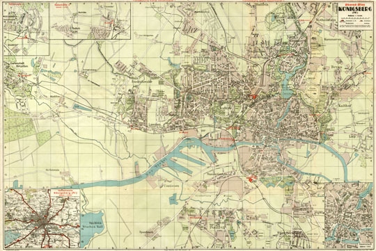 Plan von Konigsberg 1:15K
Немецкий план Кенигсберга - Pharus-Plan Konigsberg (Pr), 1940, Масштаб 1:15000. На врезках - план окрестностей Кенигсберга  (1:120000) и планы удаленных частей города. Условная координатная сетка.
Ключевые слова: Калининград,Кенигсберг,немецкие карты