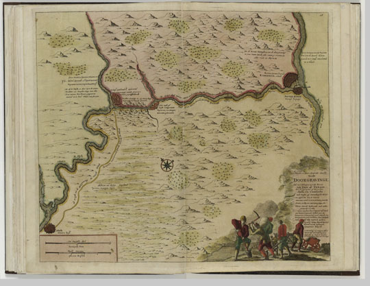 Карта водного пути от Волги к Дону % Map of path from Volga to Don 
Карта водного пути от Волги к Дону. Из кн.: Крейс К. Новая чертежная книга, содержащая великую реку Дон, или Танаис, по ее истинному положению, расширению и течению, и города Воронежа даже до того, где оная в море впадает, со своими текущими реками, островами, городами, деревнями, монастырями и проч... В Амстердаме от Гендрика Дункера, [1703]. 16 с., карт. Cruys С. Nieuw Pas-Kaart Boek, behelsende de groote Rivier Don of Tanais, na deselfs waaragtige gelegen heudt-strekking, en cours, vande Stadt Woronetz, toot daar hy in Zee valdt met zyn invloeiende stroomen, eilandten, steden, dorpen, kloosters etc... Tot Amsterdam by Hendrick Doncher... [1703]. 2, 16 p., kart.
Ключевые слова: Ростов-на-Дону,Камышин,каналы