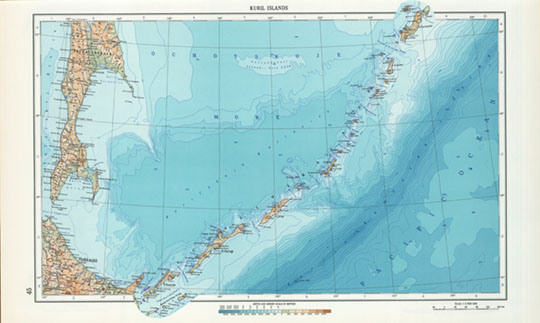 Курильские острова  1:3M% Kuril Islands
Курильские острова в Атласе Мира издания 1967 года на английском языке - The World Atlas. Масштвб 1:3,000,000. 28 х 47 см. Атлас Мира, ГУГК СССР, второе издание, 1967г.
Ключевые слова: Сахалин,Курильские острова,атласы,карты ГУГК СССР