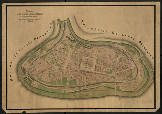 План города Каменца  % Plan of Kamenets
План города Каменца в Проектном виде. Составлен в Подольской Губернской Чертёжной в 1840 г.  57.5x82.5 см, лист 60.5x87.5 см
Ключевые слова: Украина,Каменец-Подольский