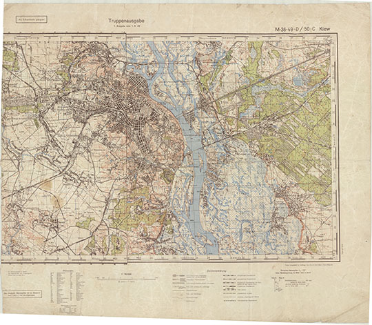 Немецкая карта Киева и окрестностей 1:50K % German map of Kiev
Немецкая карта Киева и окрестностей. Масштаб 1:50,000. Листы М-36-49-D М-36-50-C Kiew. Состояние местности на 1. Х. 42
Ключевые слова: Киев,немецкие карты