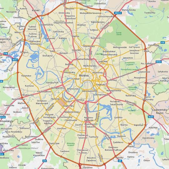 Yahoo карта%Yahoo map
Пример современной западной карты Москвы со всеми условностями, свойственными таким картам. Информация представлена на английском языке. Уровень детализации невысок - показаны лишь уличная и дорожная сеть (без масштаба по ширине) и некоторые туристичесеие объекты - гостиницы, театры, музеи. Начиная с уровня 16 показывается направление движения по улицам.
