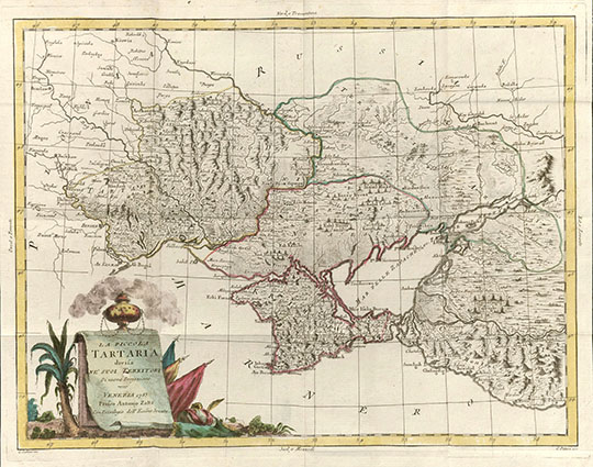 Малая Тартария % La Piccola Tartaria
Малая Тартария, разделенная на территории. La Piccola Tartaria divisa ne suoi Territori. Венецианская карта 1783 года. 44.5x34 см. Карта из атласа, выпущенного Антонио Затта в Венеции в 1775-85 гг. Atlante Novissimo, Illustrato ed Accresciuto sulle osservazioni, e scoperte fatte dai più celebri e più recenti geografi.
Ключевые слова: Украина,Крым