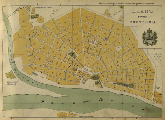 План города Костромы  1:8K% Plan of Kostroma
План города Костромы. Масштаб 100 саженей в дюйме. Из кн.: "Спутник по реке Волге и её притокам Каме и Оке. С картами Волги, Камы и Оки, видами и Планами волжских, камских и окских городов." Типо-Литография П. С. Феокритова, Саратов, 1905г.
Ключевые слова: Кострома,путеводители по Волге