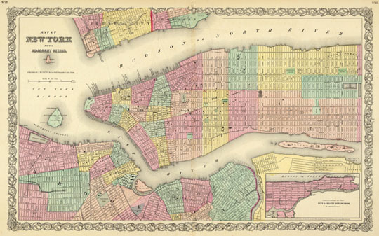 План Нью-Йорка%Map of New York and the adjacent cities
План Нью-Йорка и соседних городов. Map of New York and the adjacent cities. Published by J.H. Colton & Co. 172, Willam St., New York.
Ключевые слова: Нью-Йорк,американские карты
