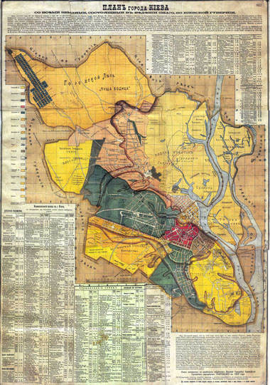 План Киева % Map of Kiev
План города Киева со всеми землями, состящими в владении оного, по Киевской губернии. План составлен по новейшим сведениям Киевской Городской Чертежной Городским землемером Таировым в 1902 году. Условная координатная сетка. На полях - очерк об истории города и перечень основных объектов.
Ключевые слова: Киев
